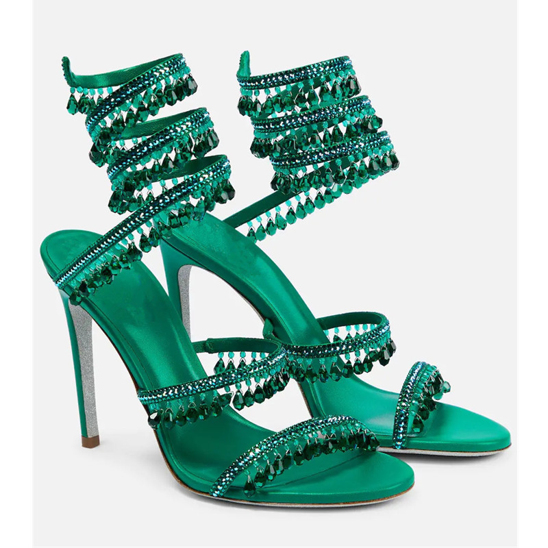 Peep Toe Heels - Sandal Stiletto Pinggiran Kristal Hijau Seksi